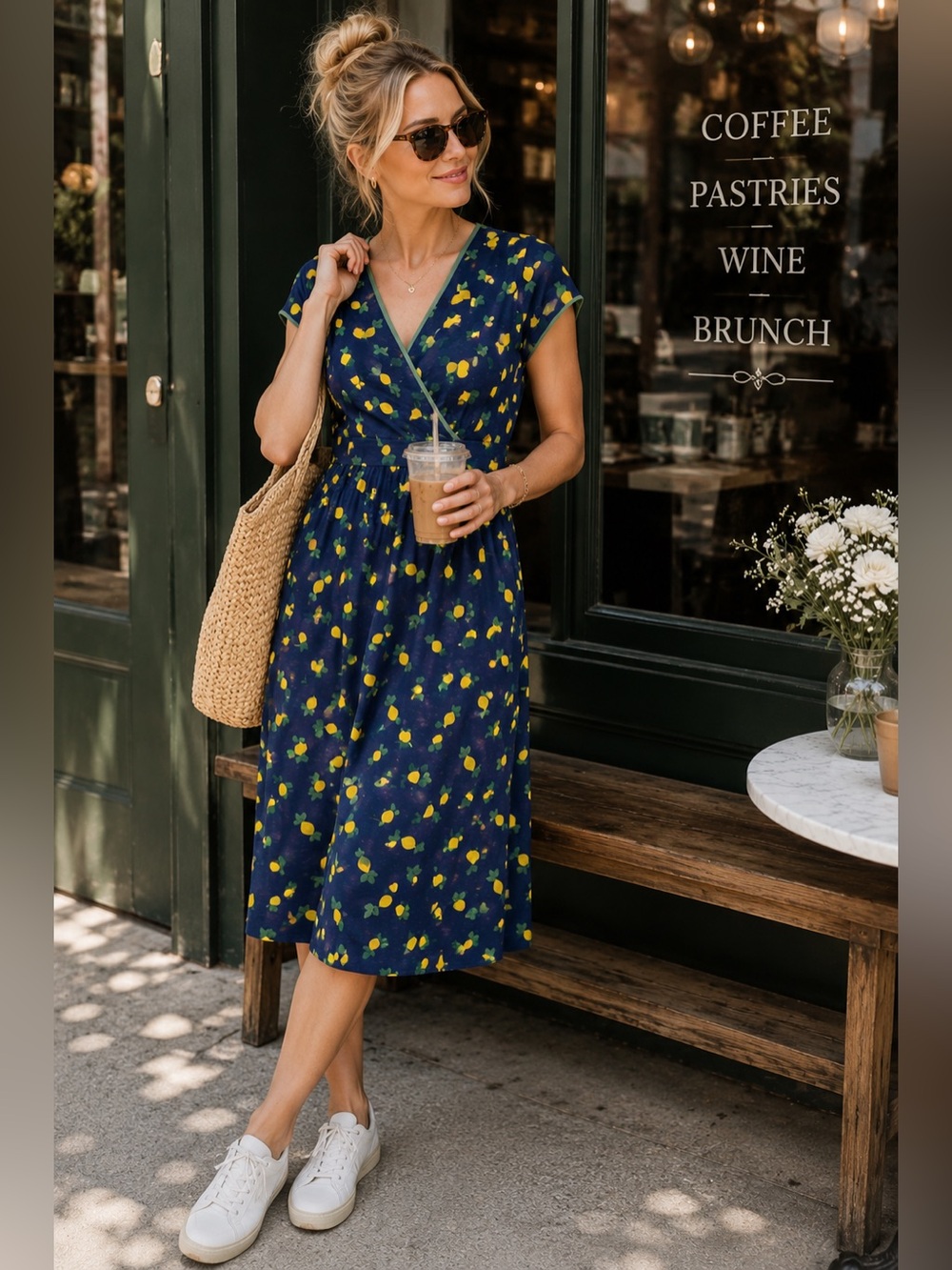 Boden Wrap Dress Navy Lemon Print Cotton Blend Short Sleeve US 6 UK 10